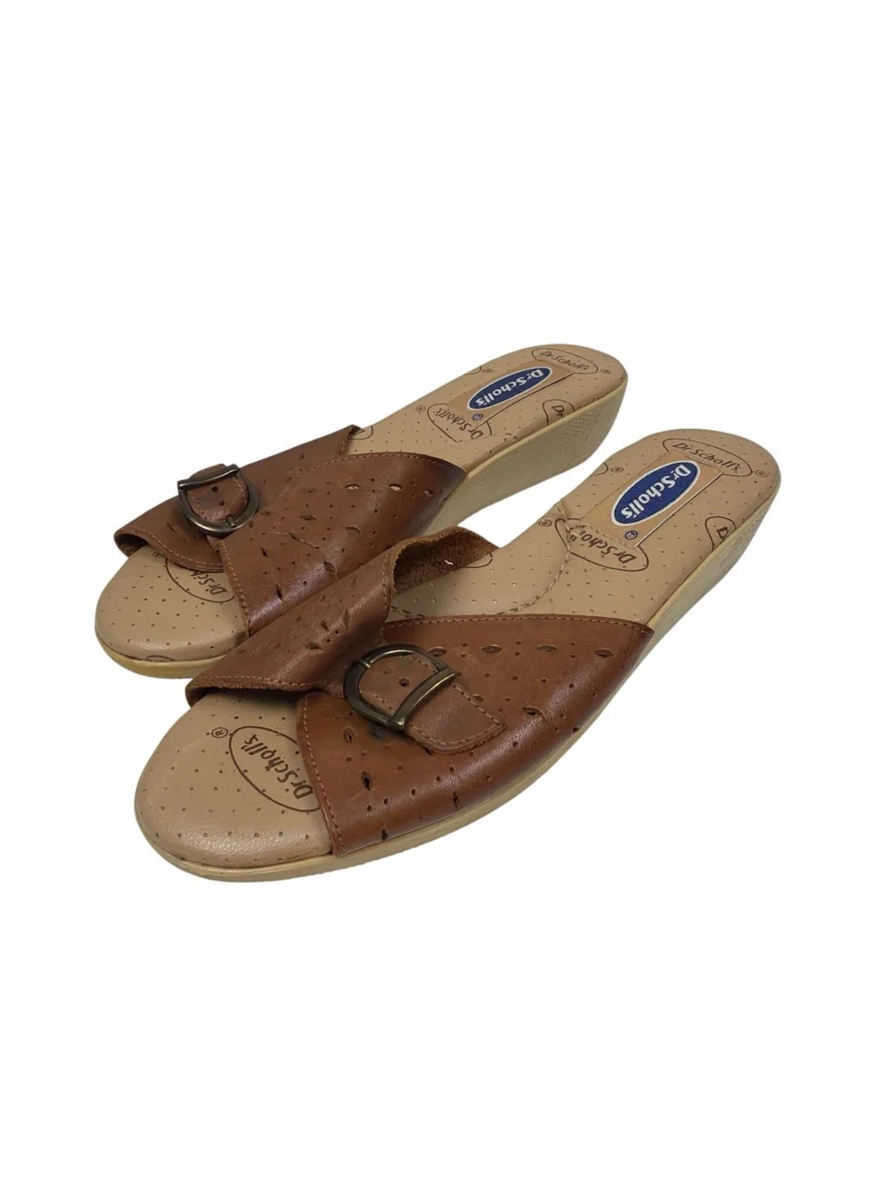 Dr. Scholl’s Brown Leather Sandals Women 8.5 Comfort Buckle Mules Casual Slip On